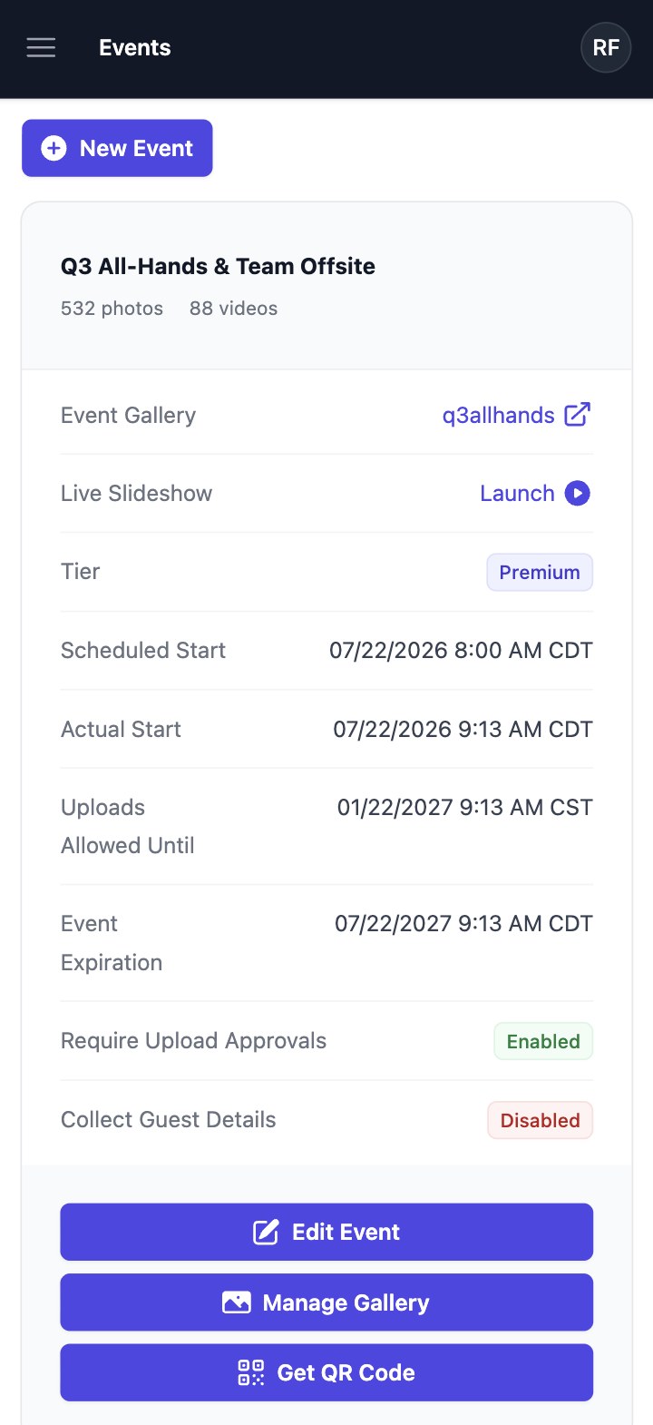 Qrowd Pics event creation interface