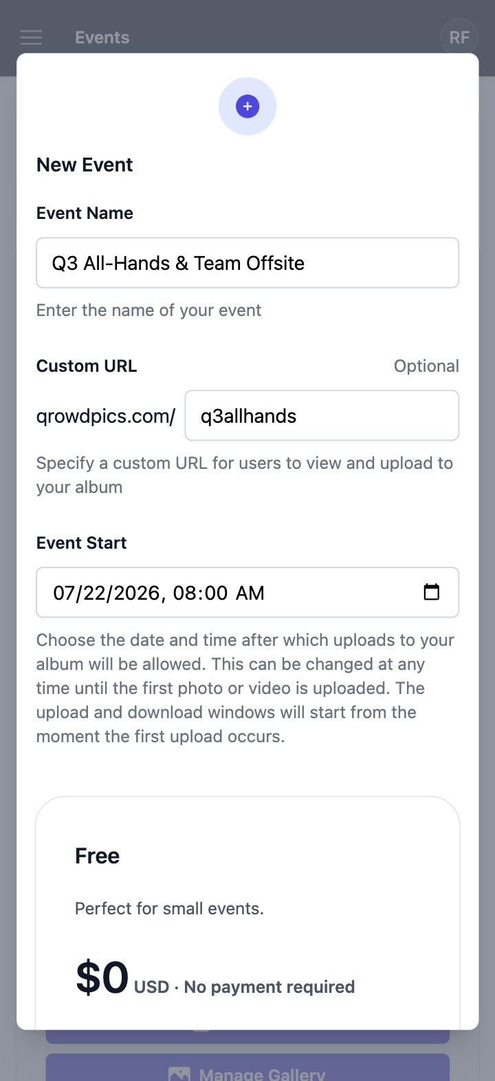 Qrowd Pics event creation interface