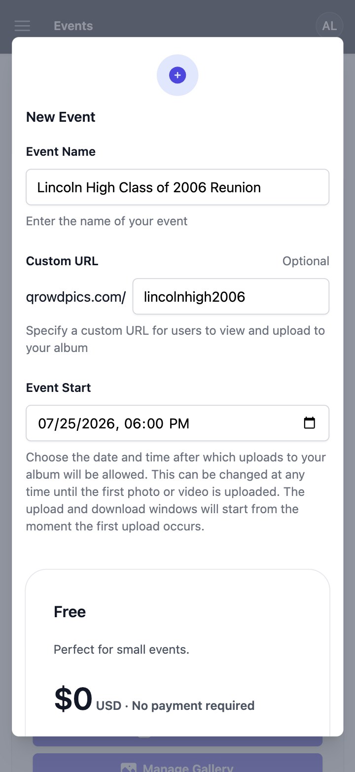Qrowd Pics event creation interface